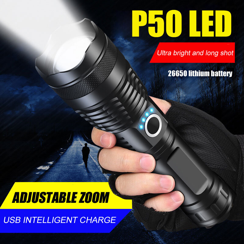 強力なLED懐中電灯,26650 USB充電式,戦術的な屋外使用,狩猟,警察用懐中電灯,防水ズーム,p50