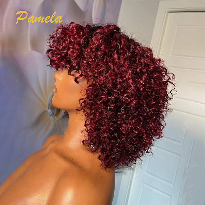 Short Curly Pixie Cut Bob Burgundy Colored Human Hair Glueless Wig Ready To Wear 250% Density Full Machine Wig With Bangs