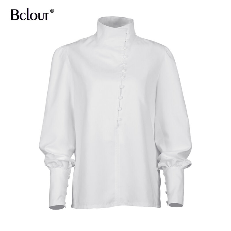 Bcolut Office bufiaste rękawy biała kobieta bluzki z długim rękawem stojak kołnierz koszula odzież Streetwear na jesień i zimę Top odzież do pracy Lady 2020