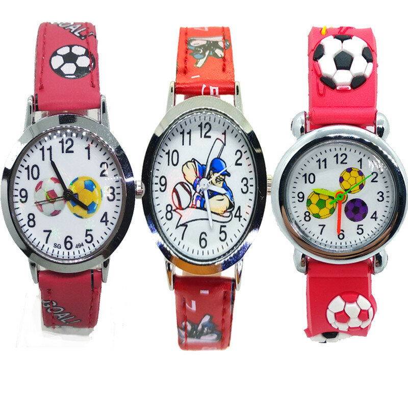 4 종류의 만화 축구 패턴 테니스 야구 어린이 쿼츠 시계 가죽 스트랩 어린이 소녀 키즈 손목 시계