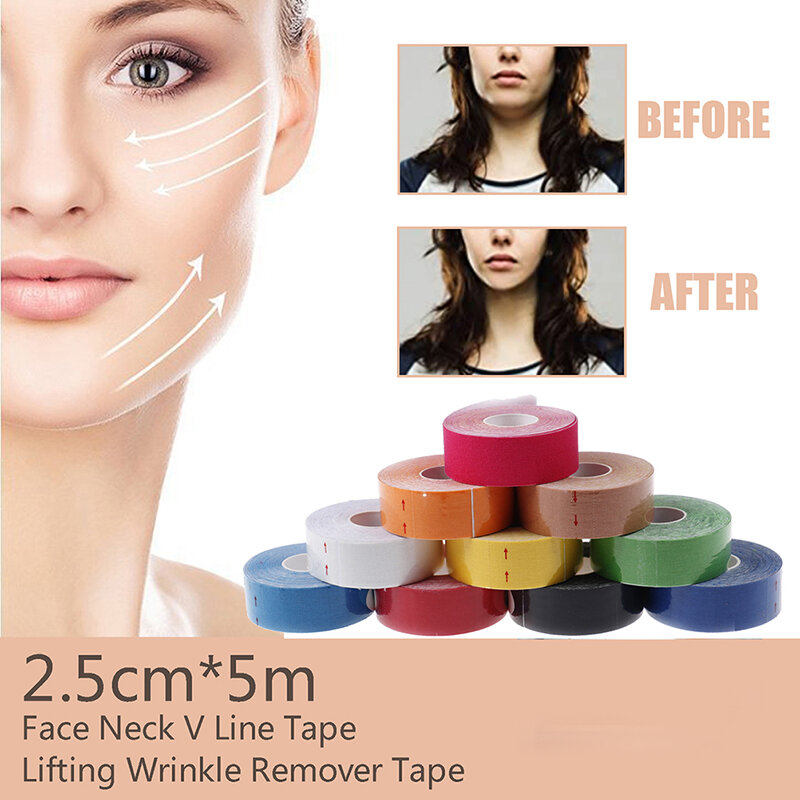 2.5CM * 5M V linia taśma kinezjologiczna do twarzy szyi oczy Lifting preparat przeciwzmarszczkowy taśma do naklejania skóra twarzy przybory do pielęgnacji Bandagem elastyczna