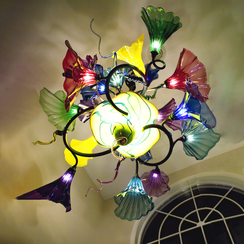 Morning Glory Design Pendant Lamp Retro Colorful Murano Flower Chandeliers Diameter 100cm LED Luxury Hand Blown Glass Chandelier