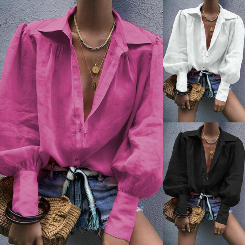 Womens Losse Blouse Lange Mouwen V-hals Button Down Chemisier Femme Blusas Mujer De Moda Solid Casual Top Shirts Kantoor lady