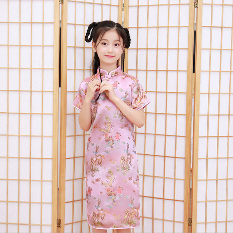 Vestito da cheongsam in raso setoso per ragazze adorabili abiti da principessa per ragazze carine vestito da ballo per bambini vestito da cheongsam di capodanno