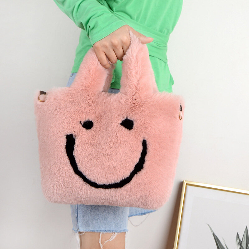Fashion Women Winter Bag Plush Smiley Face Handbags Shoulder Bags Covered Buttons Cute Soft Ladies Chain Crossbody Bags Tote