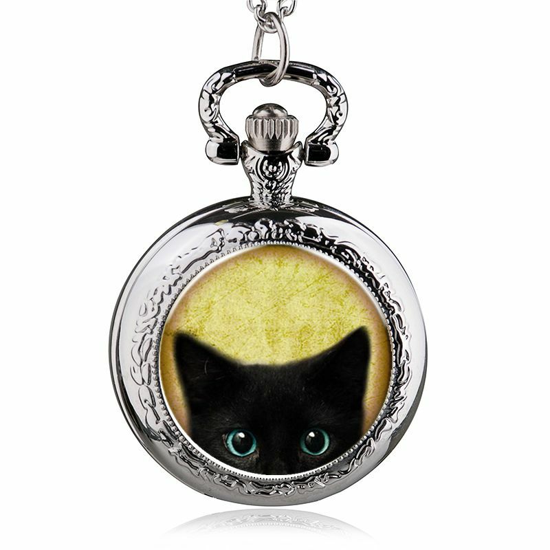 Kecil lucu liontin kuarsa jam saku hewan peliharaan kucing kalung perhiasan liontin hadiah untuk anak perempuan anak-anak