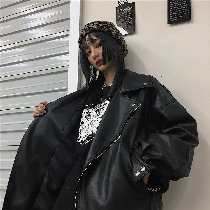 Vintage Black Faux Pu Leather Jacket Women Casual Notched Collar Long Sleeve Biker Jacket Spring Autumn 2024 Casacos Feminino