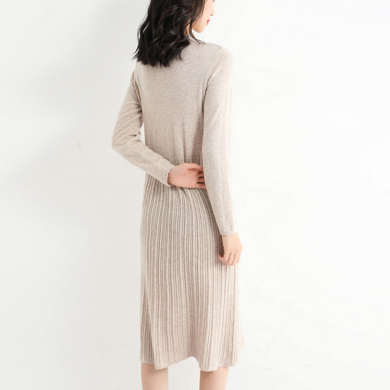 Vestido de malha feminina outono/inverno 2021 novo solto plissado gola meia-alta camisa base de comprimento médio camisola sobre o joelho saia longa
