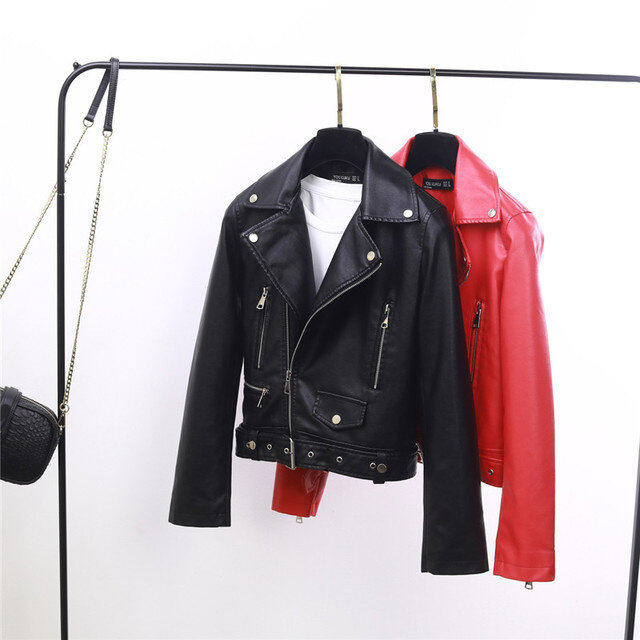 Chaqueta de cuero sintético para mujer, chaqueta ajustada de motociclista, color negro y rojo, para primavera y otoño, nueva moda