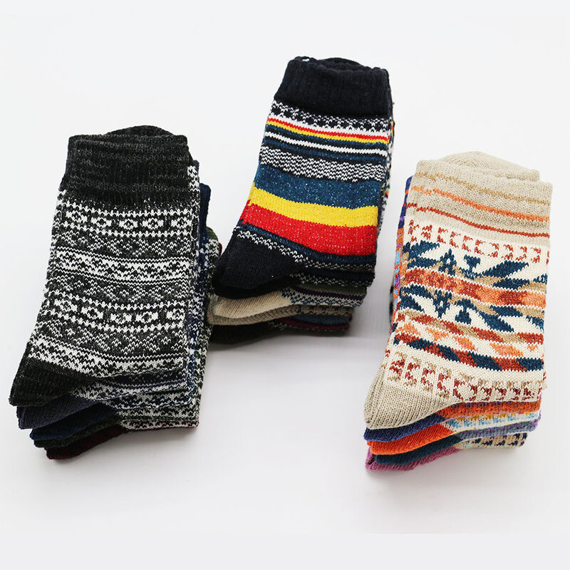 Chaussettes en laine pour hommes, style Harajuku, rétro, chaudes, épaisses, confortables, tricotées, décontractées, à rayures, 5 paires, hiver