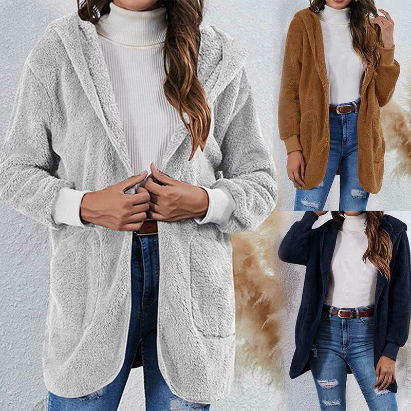 Abrigo de felpa de manga larga para mujer, cárdigan cálido con frente abierto, chaqueta de calle alta, moda femenina, prendas de vestir de Color sólido