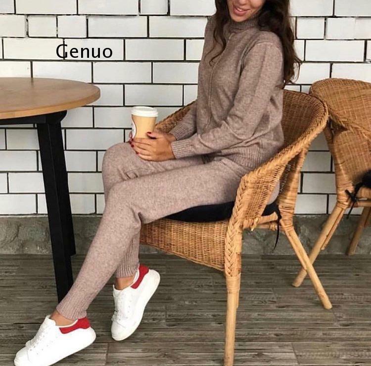 Stylish Knit Suit Womens Casual Solid Two Piece Sets Turtleneck Mid Line Sweater+Pant Tracksuit Female Suits