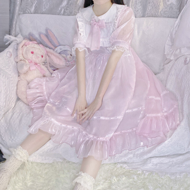 Vestido Lolita de fiesta de té para niña, ropa suave japonesa, cuello de muñeca dulce, manga corta, Kawaii, nuevo verano 2021