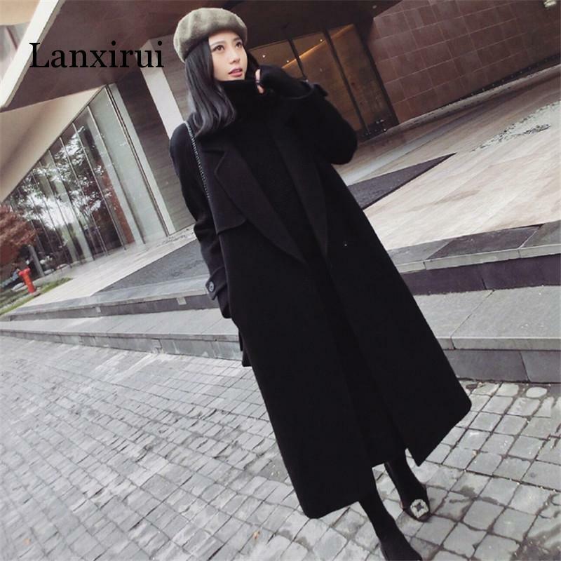 Chaqueta de lana de Cachemira para mujer, abrigo de lana holgado medio largo a la moda, abrigo negro ajustado de manga larga, prendas de vestir exteriores de invierno