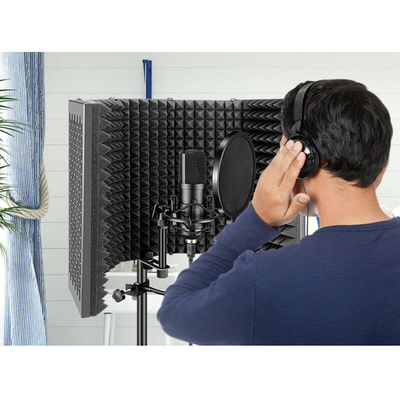 Bilik Vokal Portabel Pelindung Mikrofon Dapat Disesuaikan Filter Refleksi Isolasi Desain 5 Panel untuk Merekam Siaran Suara