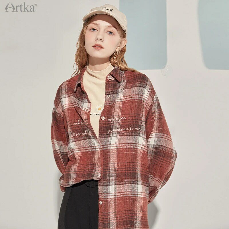Camisa xadrez casual vintage artka, camisa feminina de manga longa com gola solta, moda outono 2020
