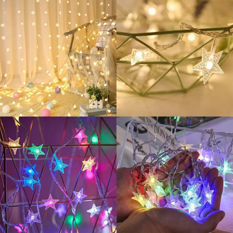 LED String Peri Lampu Garland Teras Retak Bintang Lampu Tali Natal Ulang Tahun Hoilday Kamar Tidur Pencahayaan Pesta Luar Ruangan Dekorasi