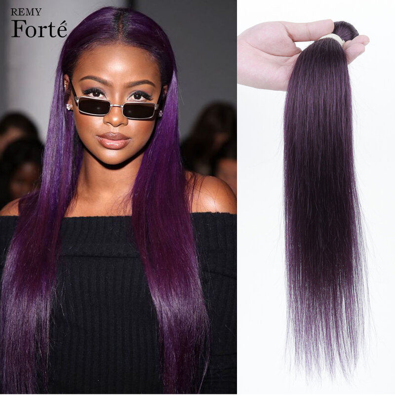 Extensiones de cabello humano Remy Forte, mechones de pelo brasileño ondulado, morado violeta, liso, venta al por mayor, vendedores de cabello individuales