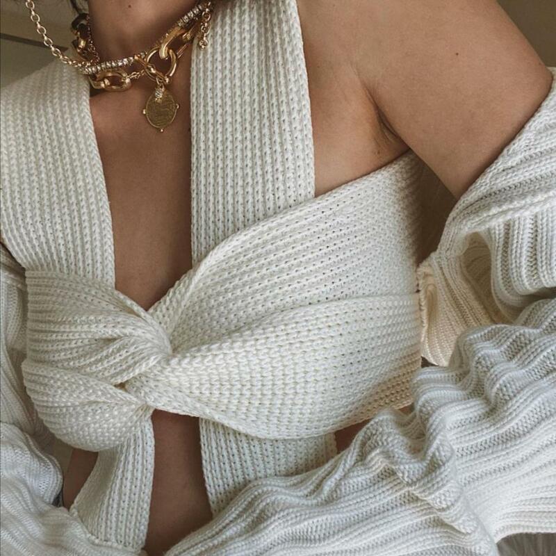 Sweter Atasan Crop Rajutan Musim Gugur Musim Dingin Kriptografi Sweter Balutan Wanita Pullover Tanpa Lengan Atasan Fashion Chic Solid Wanita