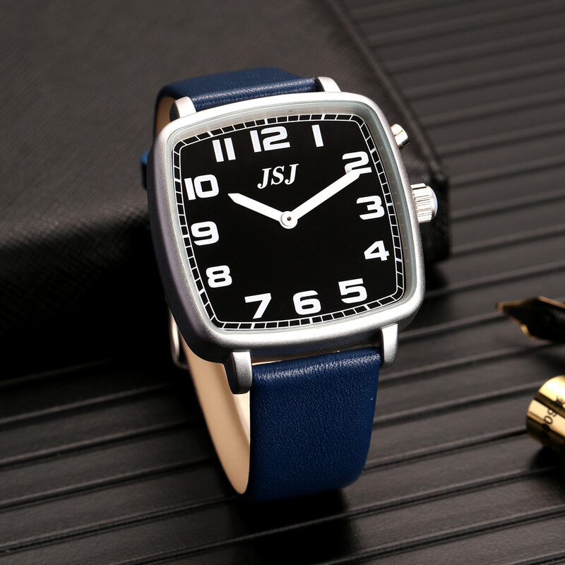 Kwadratowy francuski zegarek z alarmem, rozmową datą i czasem, czarną tarczą TFSB-17