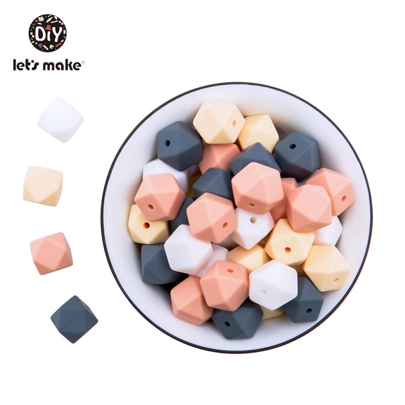 Let's Make – anneau de dentition en Silicone 14mm, 10 pièces, perles hexagonales de qualité alimentaire, Clips de sucette, bricolage, collier pour bébé