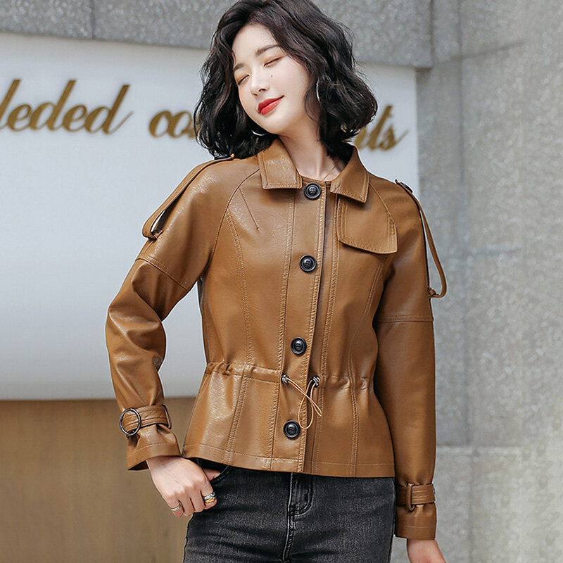 M-5XL Women Leather Jacket Spring Autumn Winter 2024 Fashion Turn Down Collar Drawstring Loose Sheepskin Coat Outerwear Female