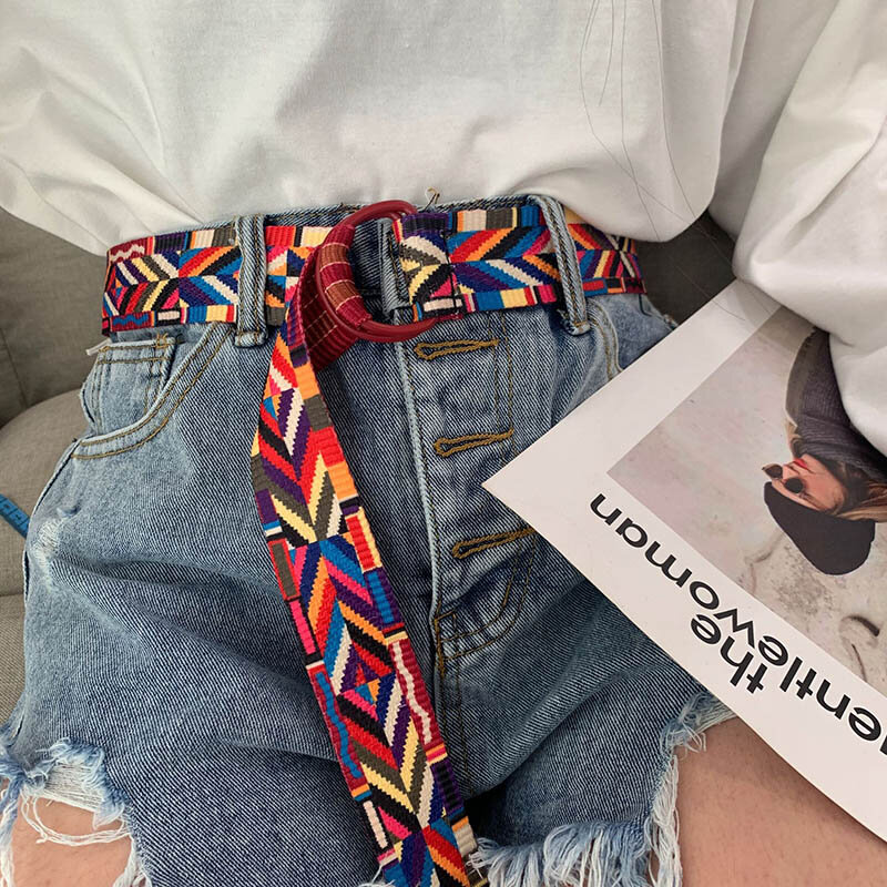 Stile etnico moda tela stampata cintura a righe D anello fibbia donna cinturino in vita Jeans vestito decorazione femminile cintura