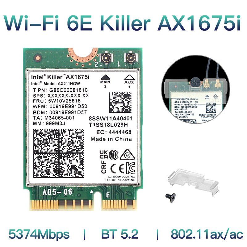 Placa de rede sem fio Tri Band, Killer AX1675i, Wi-Fi, 6E M.2, Key E, CNVio 2, 2.4G, 5G, 6Ghz, AX211 para Bluetooth 5.2, Suporte ao Windows 10