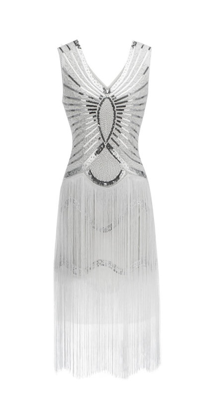 3XL Plus 1920s Gatsby Charleston Pailletten Weiß Bead Fringe Flapper Kleid Robe Doppel V-ausschnitt Ärmel Tiered Quaste Party Kleid
