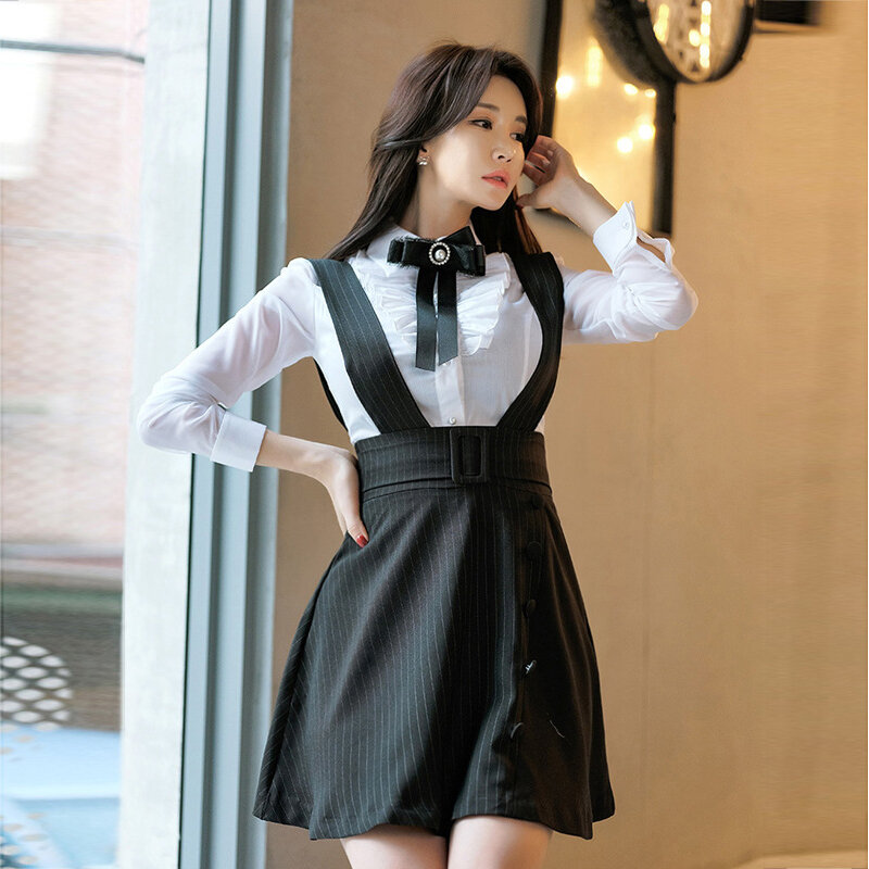 new arrival fashion set women spring OL young casual ladies long sleeve ruffle bow white shirt and striped dress two piece set
