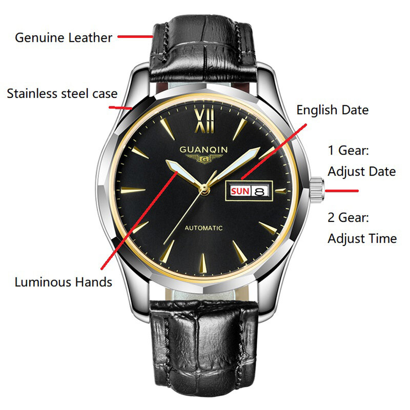 Guanqin relógio mecânico automático para homens, pulseira de couro de aço e tungstênio, luminoso, data, calendário, movimento japonês, relógio masculino