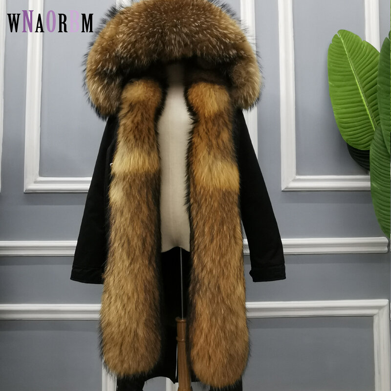 Abrigo de piel auténtica para mujer, chaqueta con capucha de cuello de piel de mapache súper grande, Parka de invierno, forro de piel de visón Natural, gruesa y desmontable de 90cm de longitud
