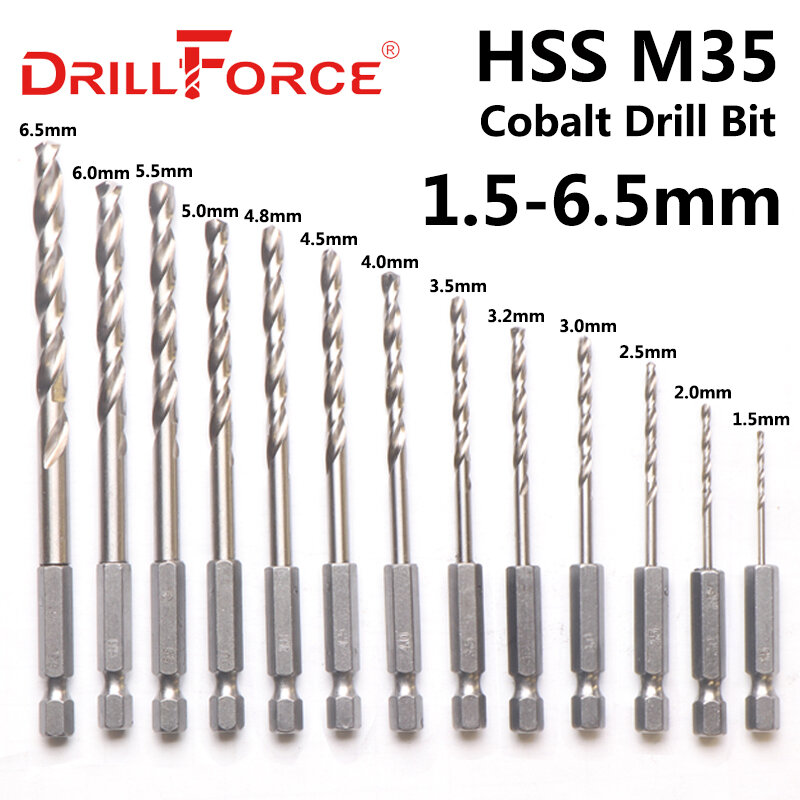 13PCS 1.5-6.5mm M35 Cobalt Drill Bit HSSCO Twist Drill Bit Set 1/4" Inch Hex Shank(1.5/2/2.5/3/3.2/3.5/4/4.5/4.8/5/5.5/6/6.5mm)