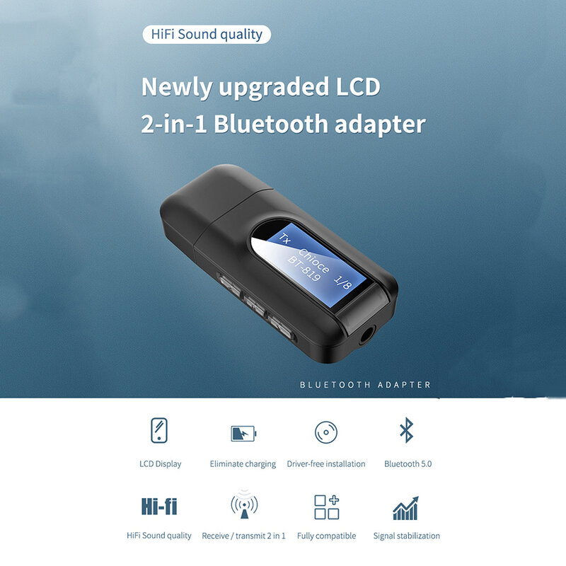 Adaptor Bluetooth Visualisasi Portabel 2 In 1 3.5MM Adaptor Bluetooth Nirkabel untuk PC,TV, Speaker Berkabel, Headphone dan Mobil