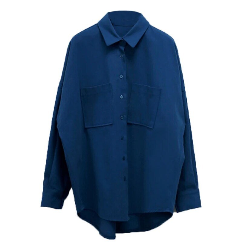 Nova blusa feminina de manga morcego e gola virada para baixo, camisa azul solta e de botão, em cor sólida, 2021