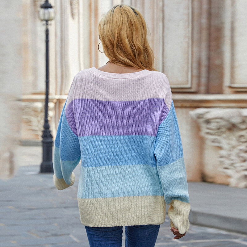 Women's Oversized Casual Knitting Pullover Sweetheart Macaron Striped V-Neck Long Sleeves Women Loose Pullover Autumn 2021