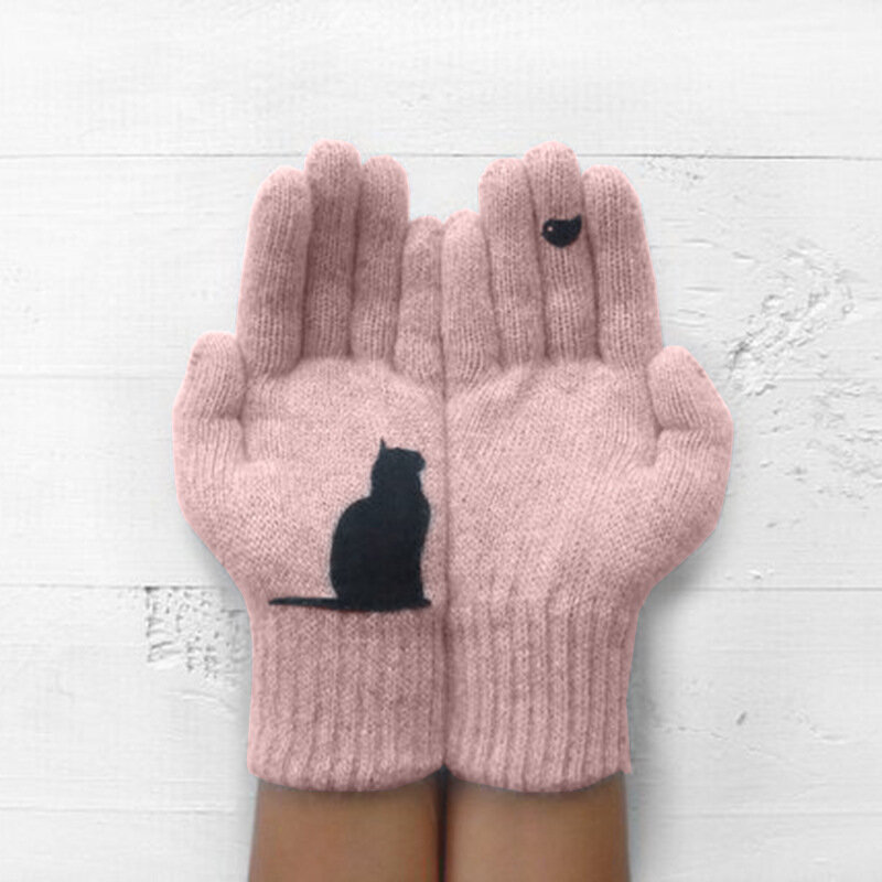 Zimowe rękawiczki dla mężczyzn kobiety nastolatki słodki kociak i ptak drukowane termiczne rękawiczki z dzianiny, wiatroszczelne zimowe ciepłe rękawiczki rękawiczki miękkie