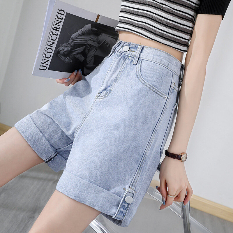 2021 summer new high-waisted loose straight-leg slim thin five-point jeans women