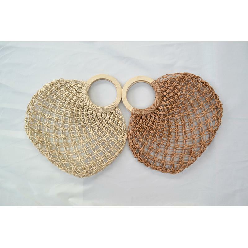 New 2020 Female Summer Straw Wrapped Paper Rope Bag Round bag with woden circular handle Mesh Net material a6237