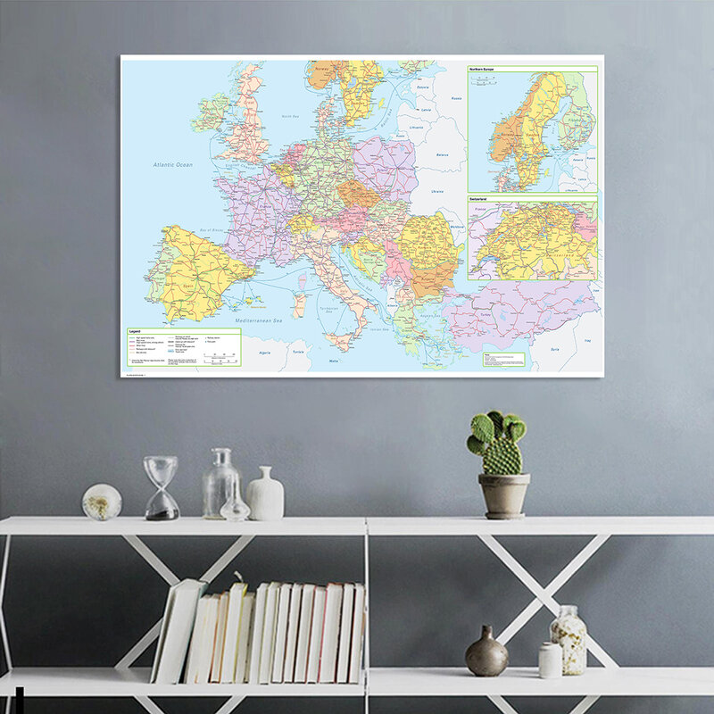 Mapa de la ruta de transporte de Europa con detalles, lienzo no tejido, pintura, póster de pared, decoración del hogar, suministros escolares, 150x100 cm