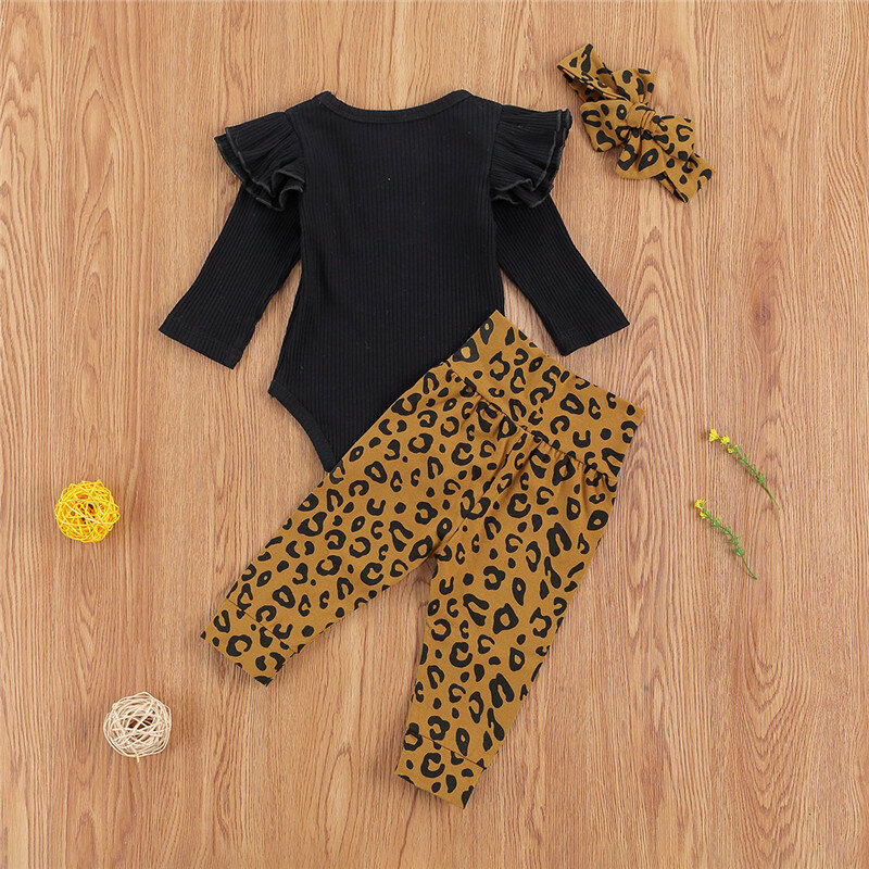 3PCS Bayi Gadis Pakaian Anak Gadis Leopard Terbang Lengan Terusan Celana Headband Musim Gugur Musim Semi Pakaian Bayi Pakaian Bayi