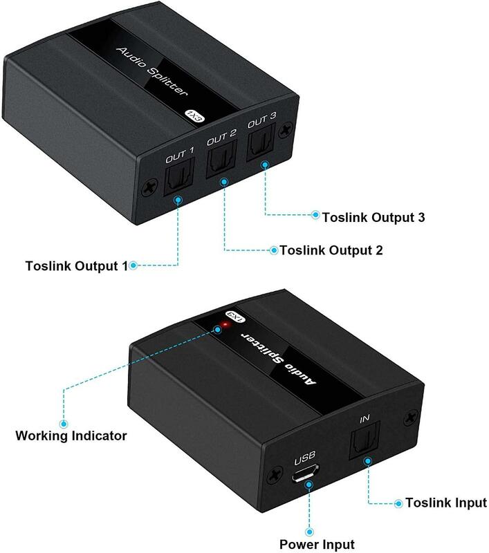 Divisor óptico Digital 1 en 3 Out SPDIF TOSLINK, divisor de Audio óptico Digital 1x3 formato de Audio compatible con LPCM2.0/DTS/Dolby