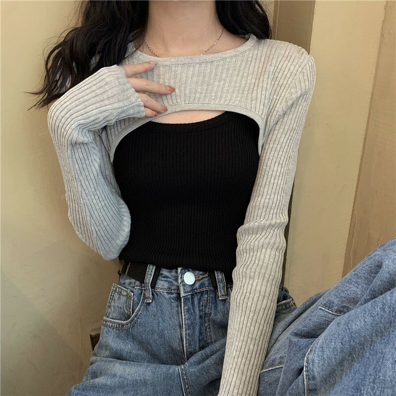 Women Sweaters Ladeis Short Layered Knitted Tops Autumn Slim Slimming Simple Ladies All-match Tops