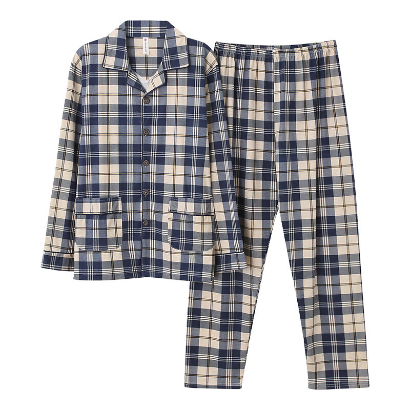 New Autumn Men Pajamas Full Cotton Bedgown Fashion Sleepwear Pijama Man's Warm Bedroom Home Clothes PJ Plaid Pure Cotton Pajamas