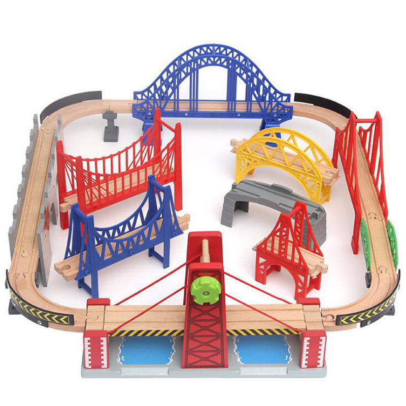 Ensemble de voies ferrées en bois de hêtre, pont de train, accessoires adaptés à toutes les marques, pièces de voies en bois, jouets pour enfants