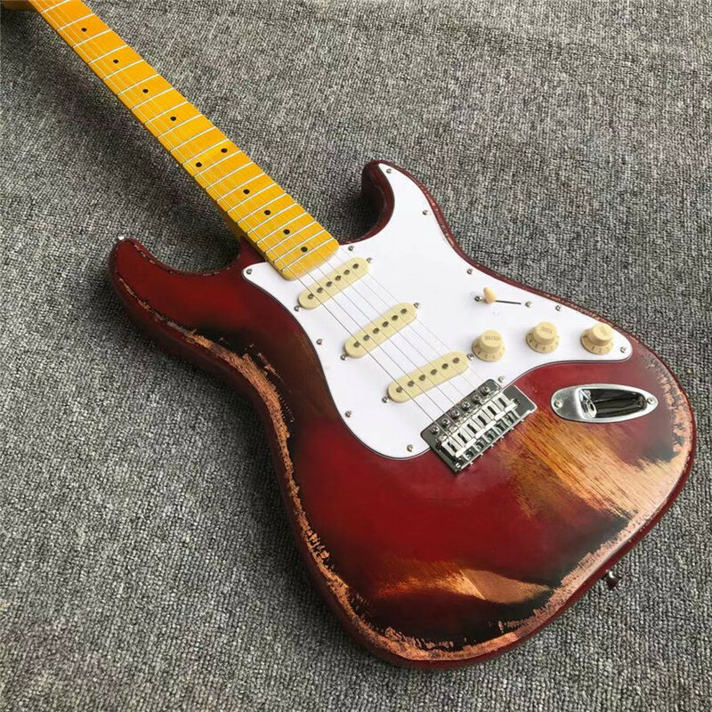 Estoque, guitarra elétrica antiga feita antiga, vermelha, fotos reais, frete grátis, conjunto de pôr-do-sol, vermelho, tábua de dedo de bordo