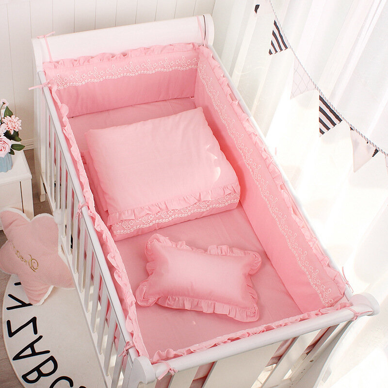 5pcs Set Pink Princess Baby Cot Bumpers Solid Color Cotton Lace White Grey Baby Crib Bedding Universal Kids Room Decor