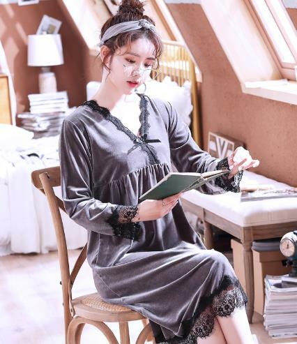 Fdfklak elegante vestido de noite de renda feminina manga longa quente casa usar camisola de noite de inverno