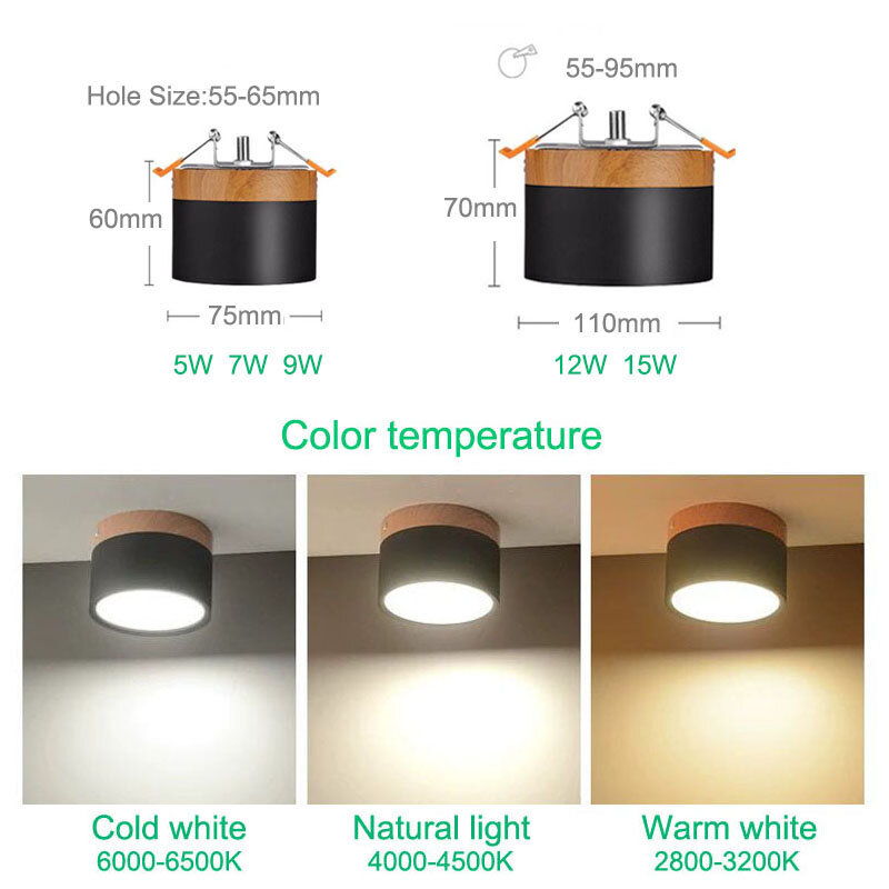 Downlight LED embutido regulável, grão de madeira nórdica, luz de teto colorida, decoração interior, 5W, 7W, 9W, 12W, 15W