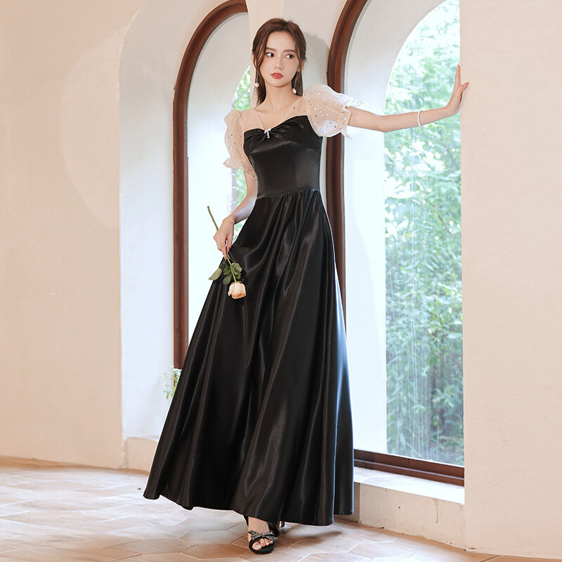 European Style Women's Evening Dress V-Neck Puff Sleeve Gentle Formal Evening Dresses Sequined Floor-Length Graceful Party Gowns